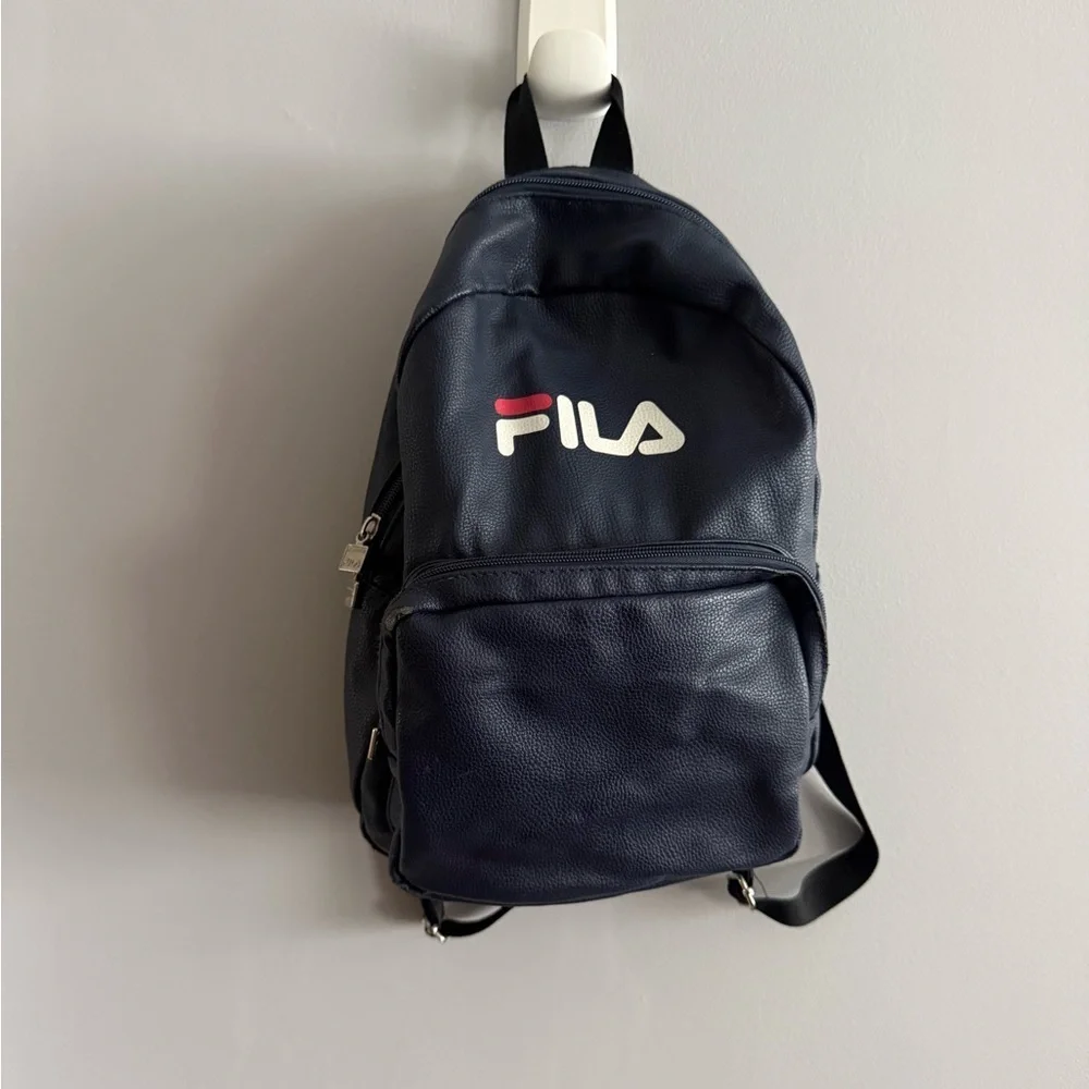 FILA Navy Faux Leather Mini Backpack Logo Front